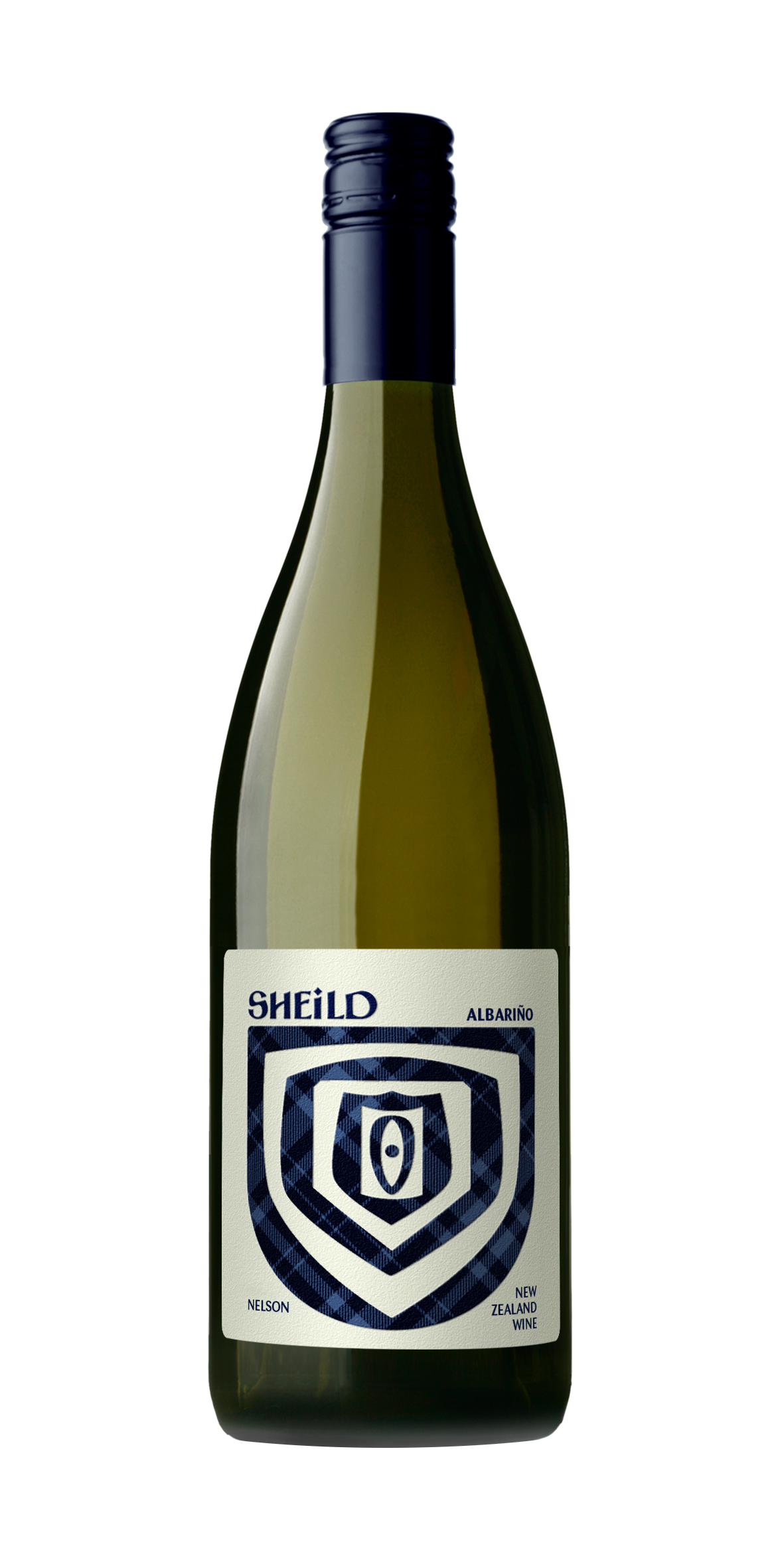 Bottle of SHEiLD's Albariño wine, with light green label and dark blue cap/logo.