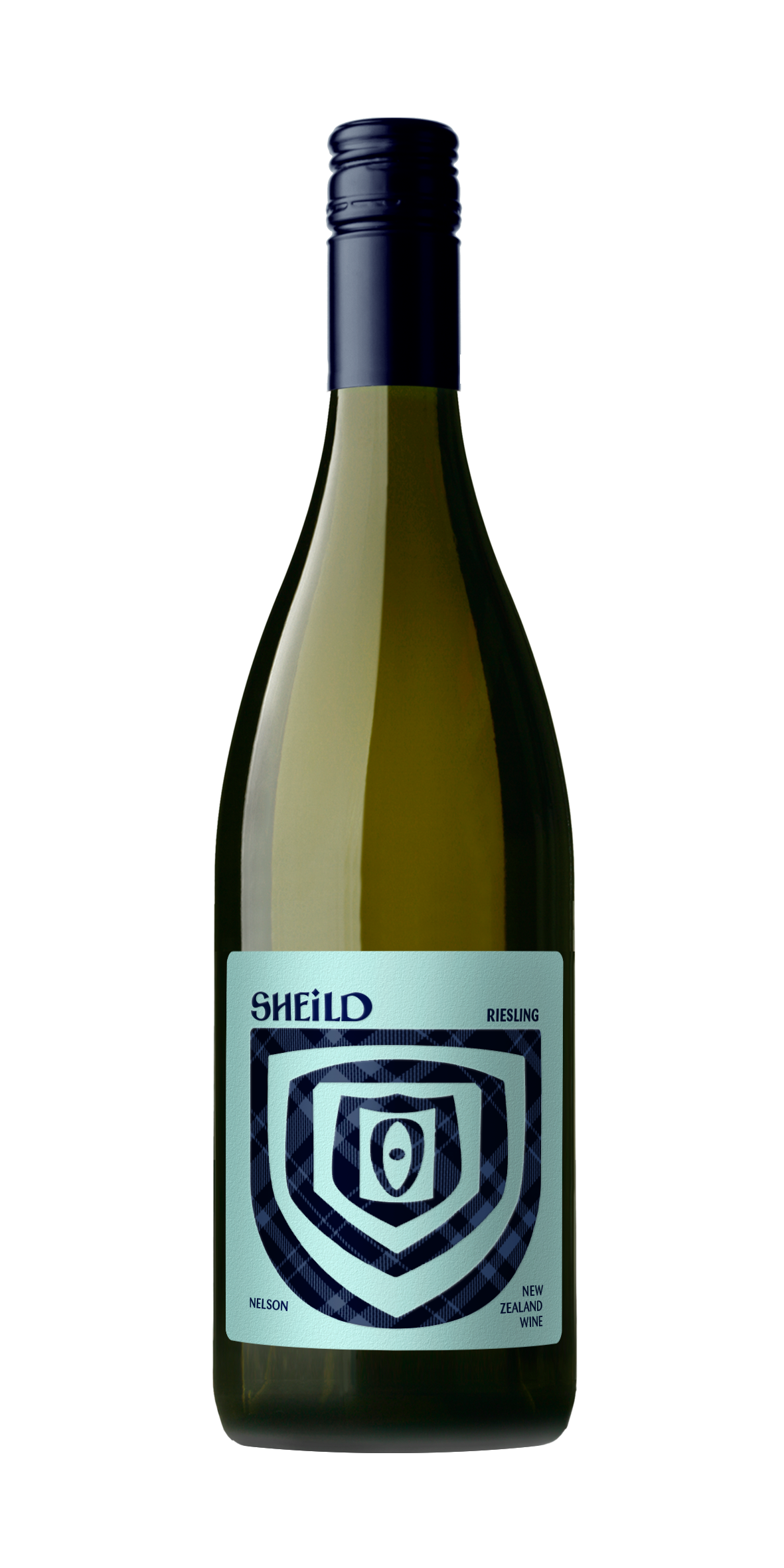 Bottle of SHEiLD's Riesling wine, with blue green label and dark blue cap/logo.