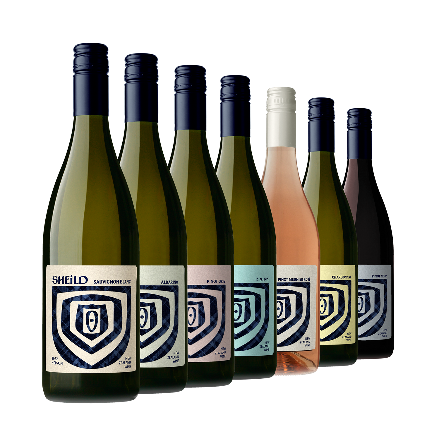 SHEiLD wines lined up in tasting order; Sauvignon Blanc, Albariño, Pinot Gris, Riesling, Pinot Meunier Rosé, Chardonnay and Pinot Noir.