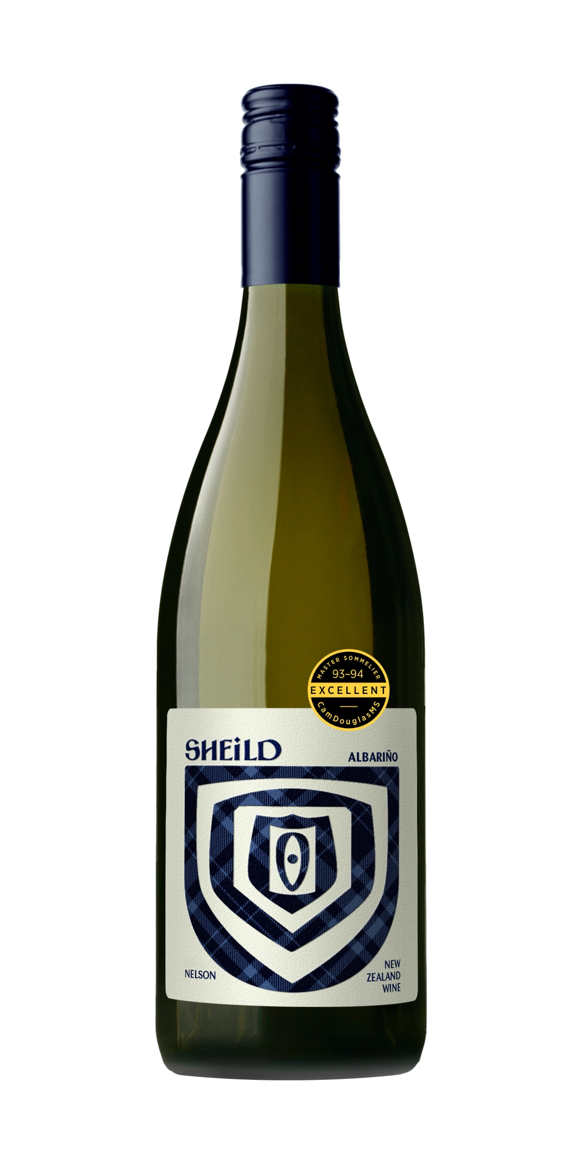 Bottle of SHEiLD's Albariño wine, with light green label and dark blue cap/logo.