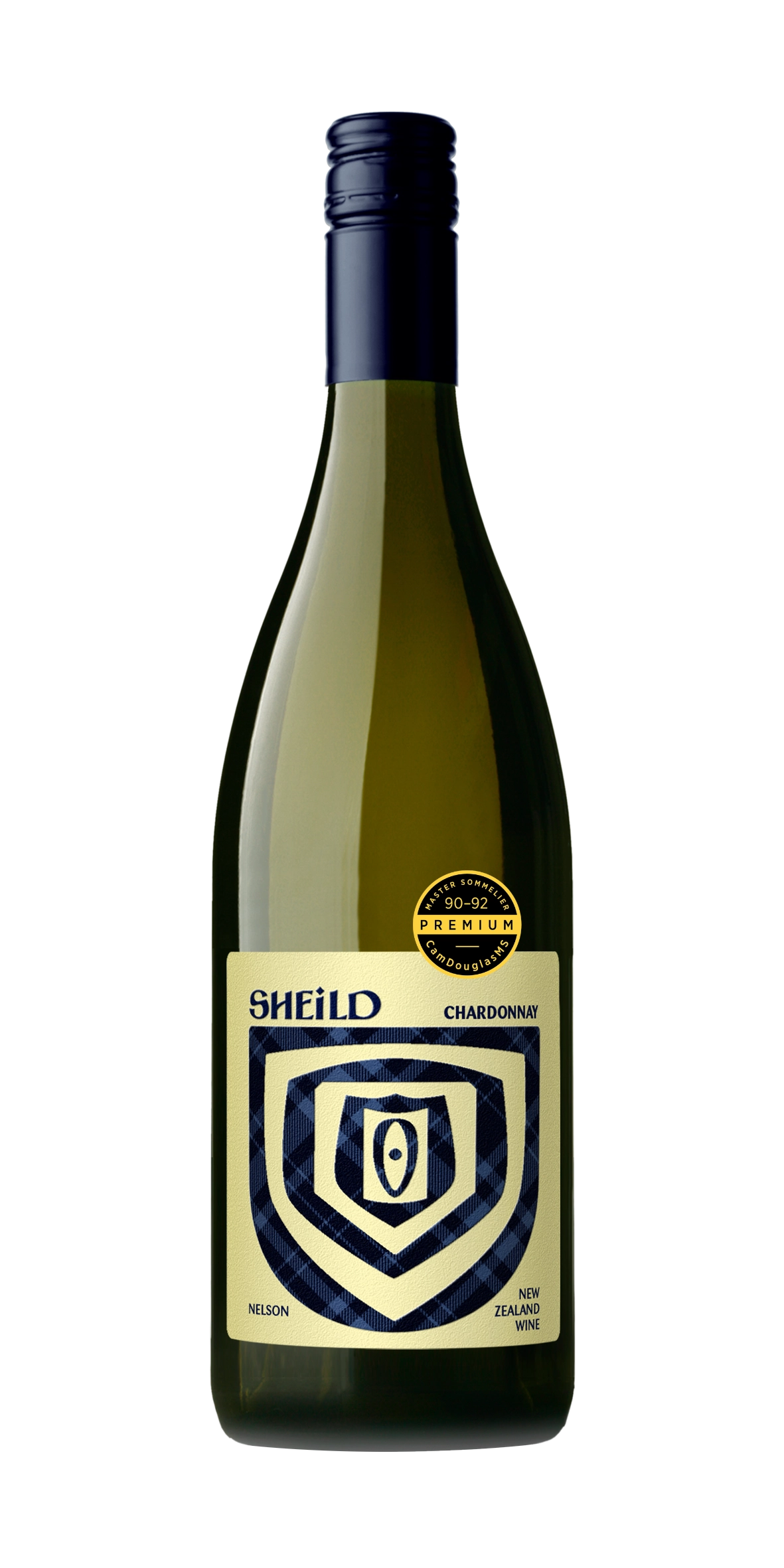 Bottle of SHEiLD's Chardonnay wine, with yellow label and dark blue cap/logo. Has been awarded a 90-92 point wine review from Cam Douglas