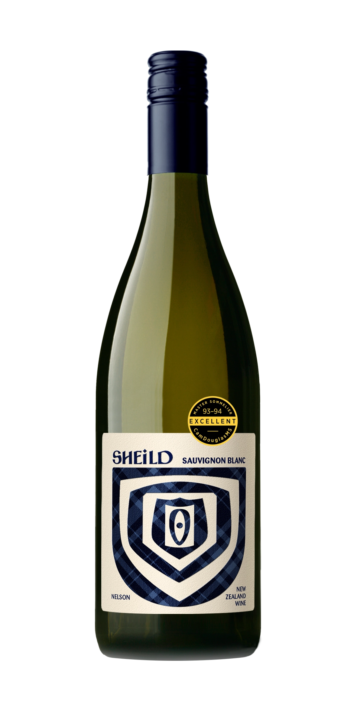 Bottle of SHEiLD's Sauvignon Blanc wine, with light yellow label and dark blue cap/logo.