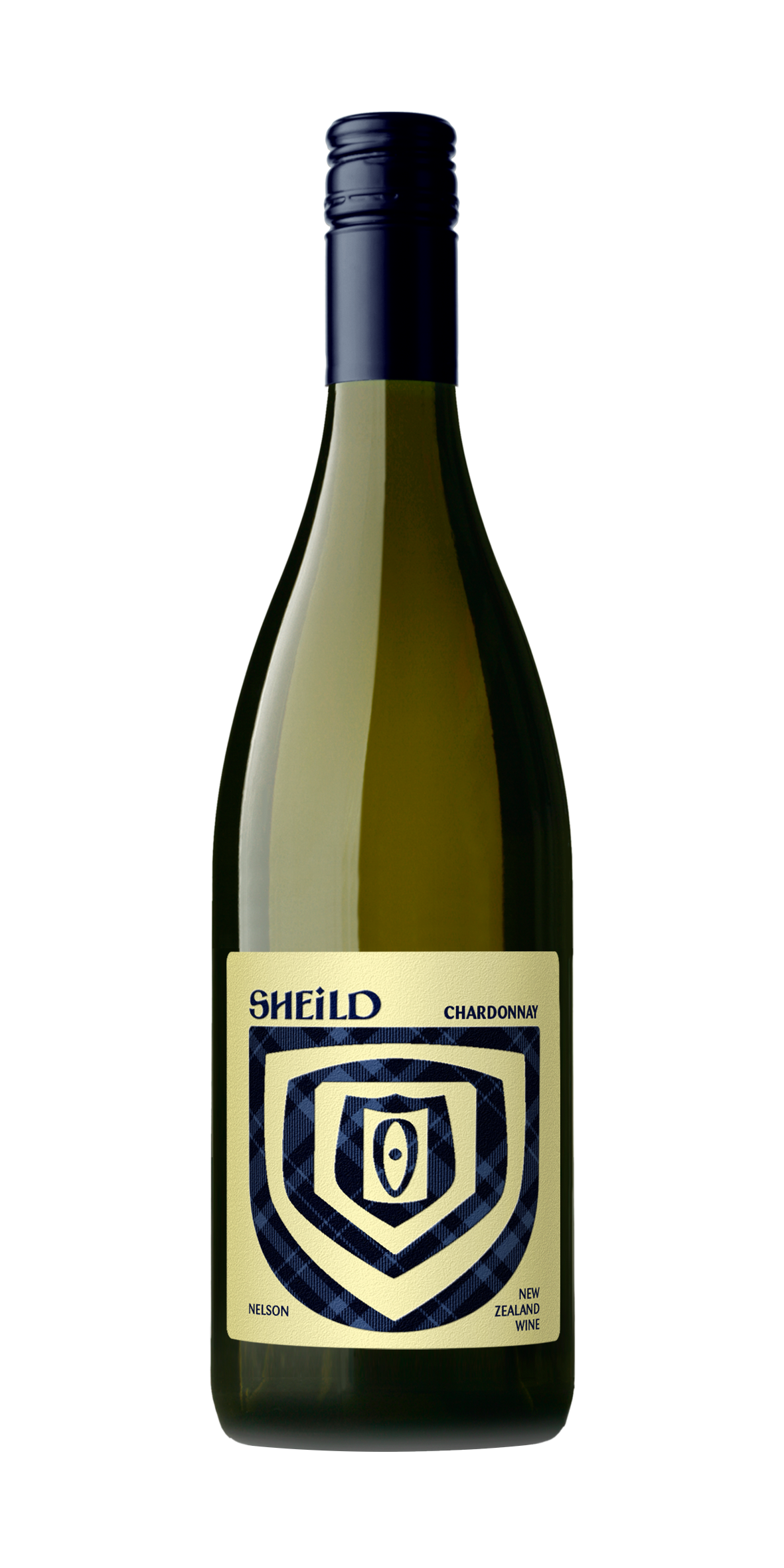 Bottle of SHEiLD's Chardonnay wine, with yellow label and dark blue cap/logo.