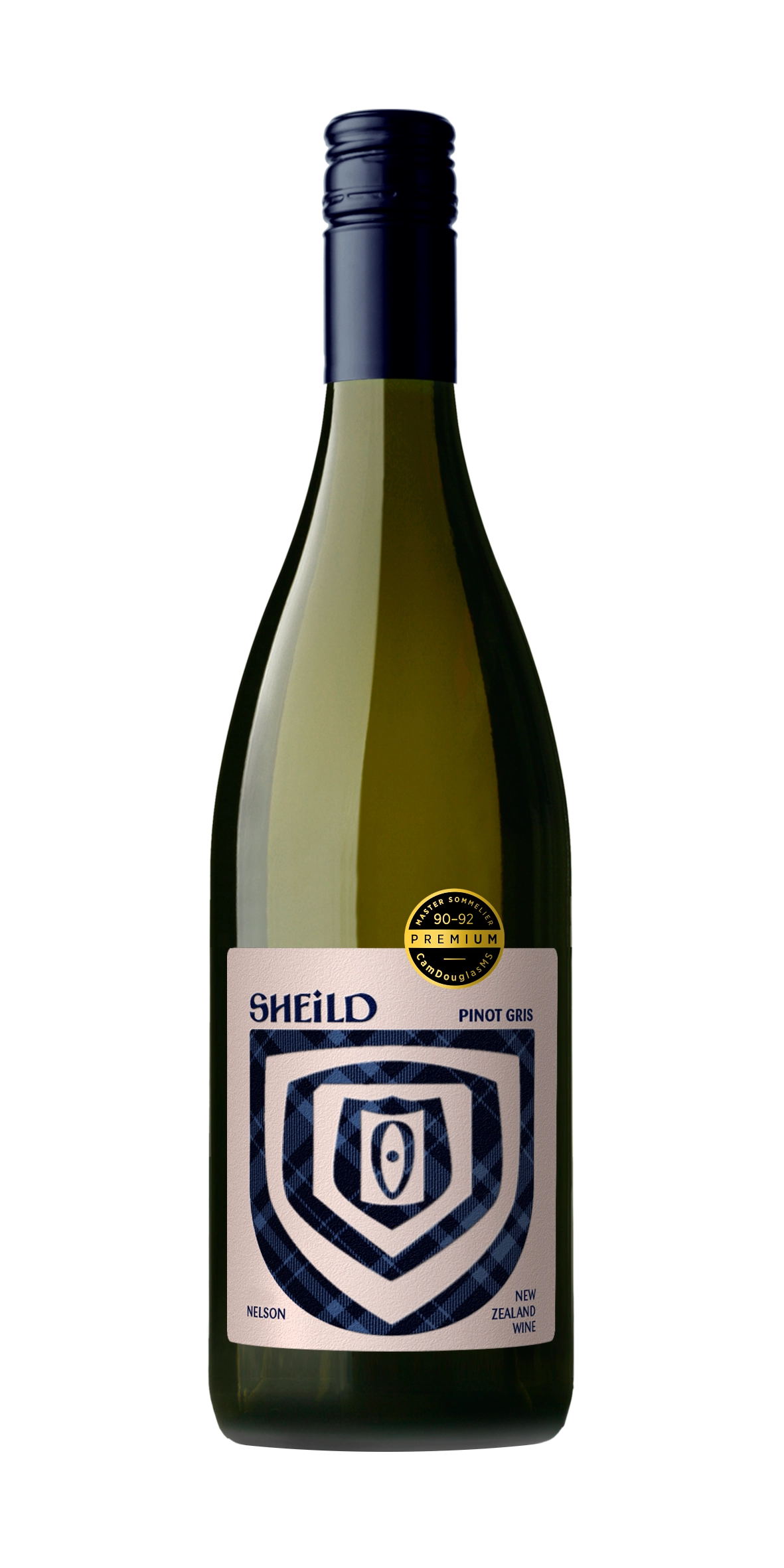 Bottle of SHEiLD's Pinot Gris wine, with pink label and dark blue cap/logo. Cam Douglas award badge, 90-92/100 points.