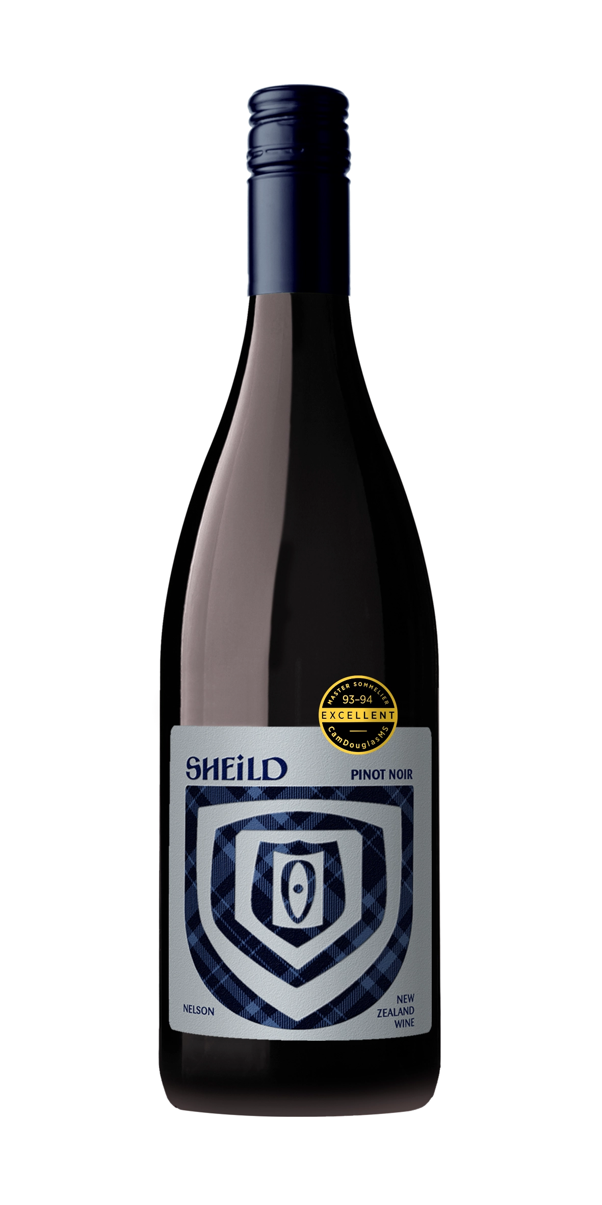 Bottle of SHEiLD's Pinot Noir wine, with blue label and dark blue cap/logo. Cam Douglas award badge. 93-94/100 rating.