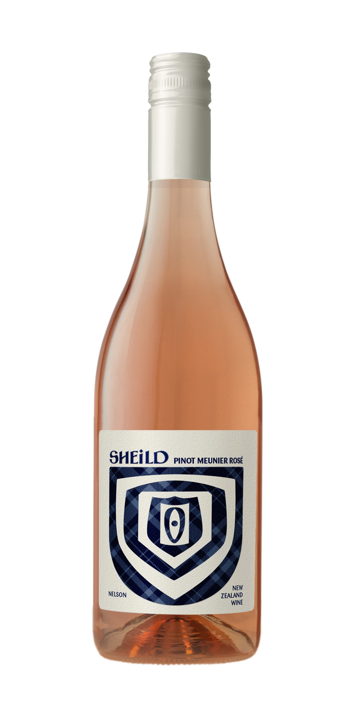 Bottle of SHEiLD's Pinot Meunier Rosé wine, with cream-coloured label and dark blue cap/logo. 