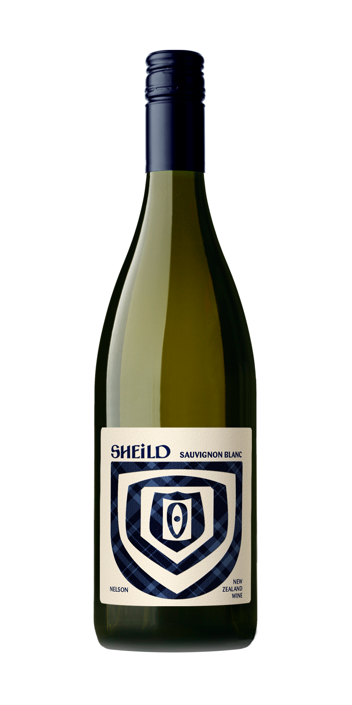 Bottle of SHEiLD's Sauvignon Blanc wine, with light yellow label and dark blue cap/logo.