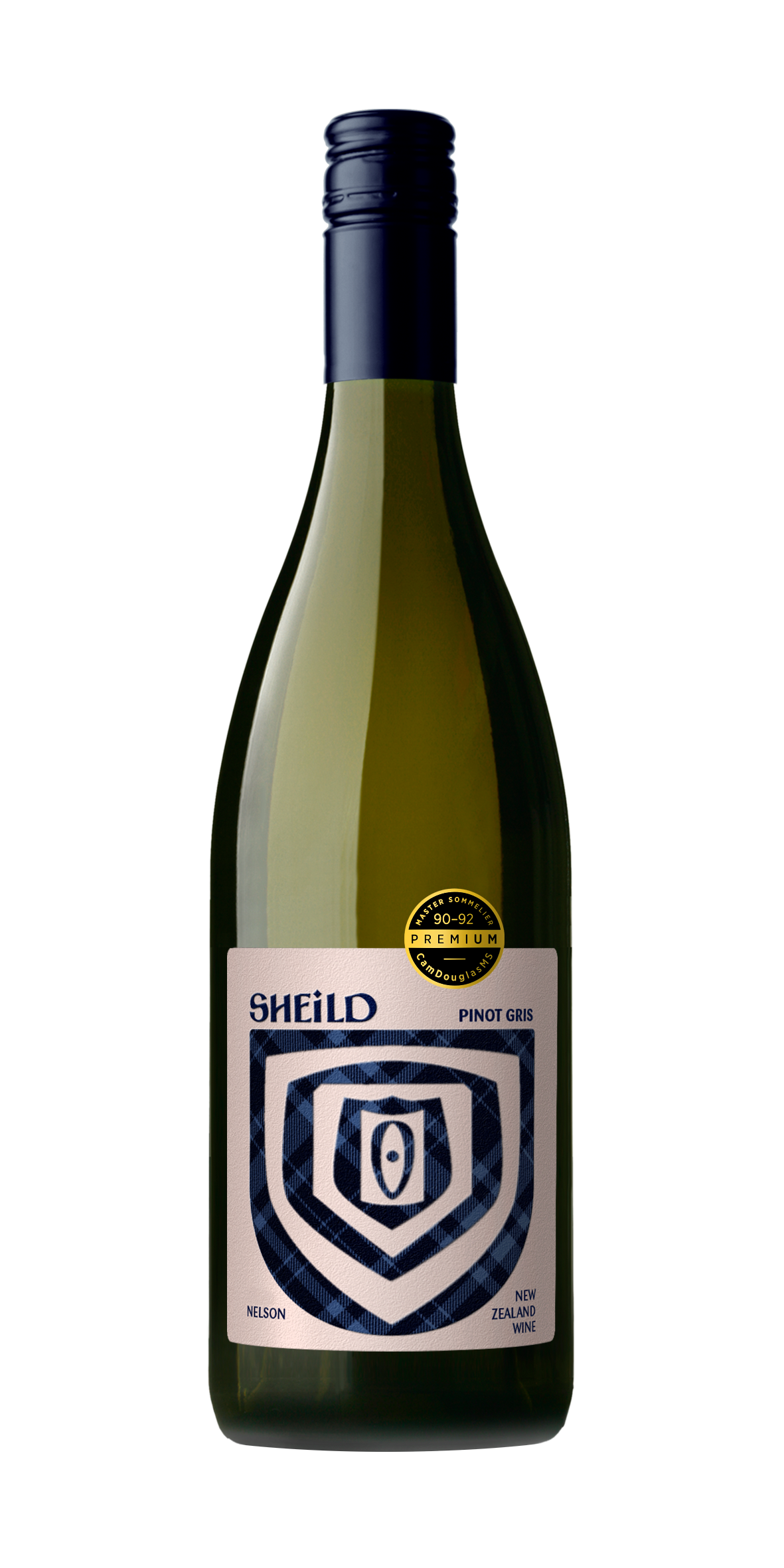 Bottle of SHEiLD's Pinot Gris wine, with pink label and dark blue cap/logo. Cam Douglas award badge, 90-92/100 points.