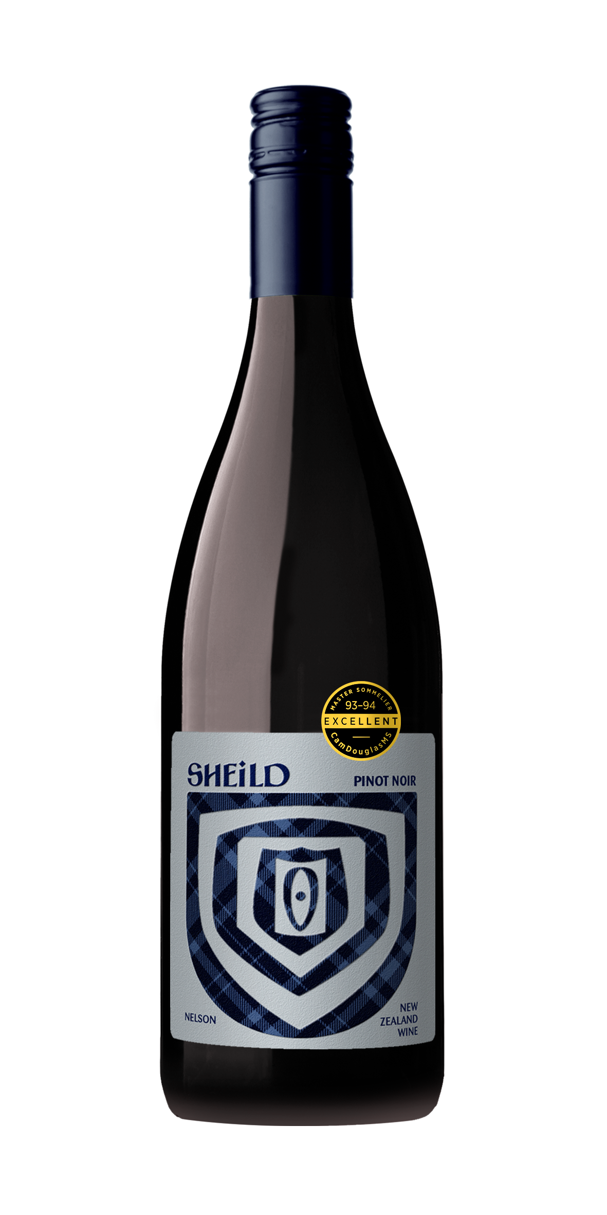 Bottle of SHEiLD's Pinot Noir wine, with blue label and dark blue cap/logo. Cam Douglas award badge. 93-94/100 rating.
