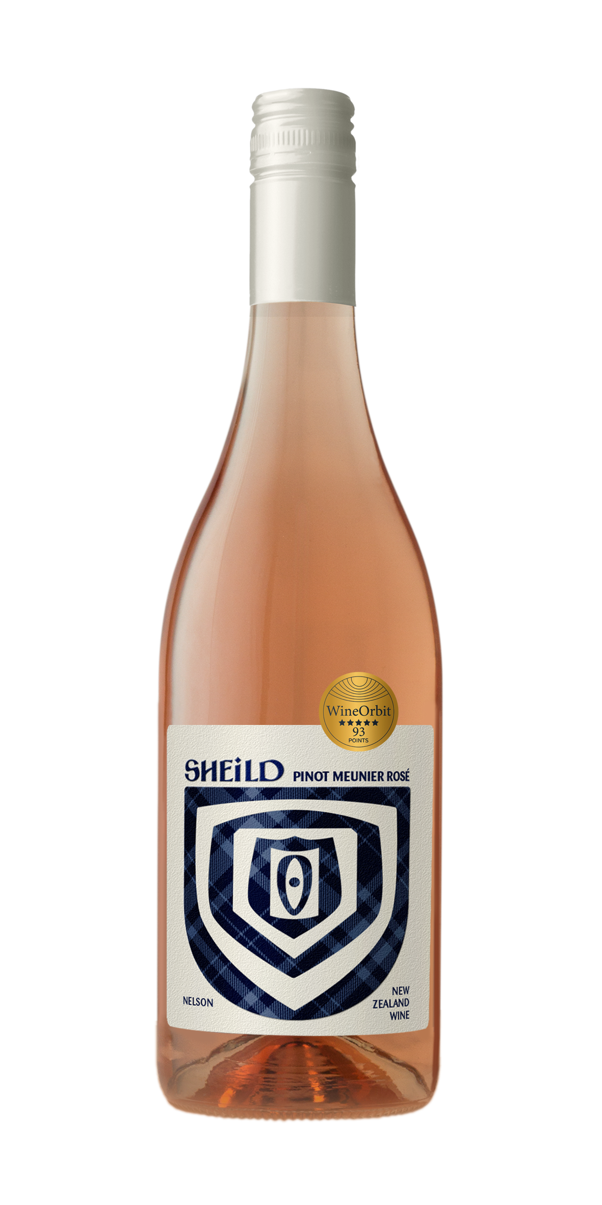 Bottle of SHEiLD's Pinot Meunier Rosé wine, with cream-coloured label and dark blue cap/logo. Wine Orbit award badge, 93/100 points.